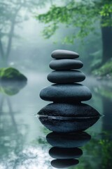 Obraz premium Serene zen stones stacked in tranquil water reflecting calm nature in misty forest background for meditation and balance