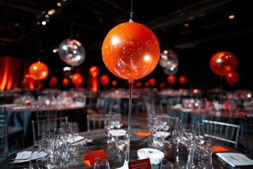 Luminescent Philanthropy Gala Vibrant Crimson Orbs and Chrome Chairs Illuminate Modern Fundraising Event with Sophisticated Corporate Design Aesthetic