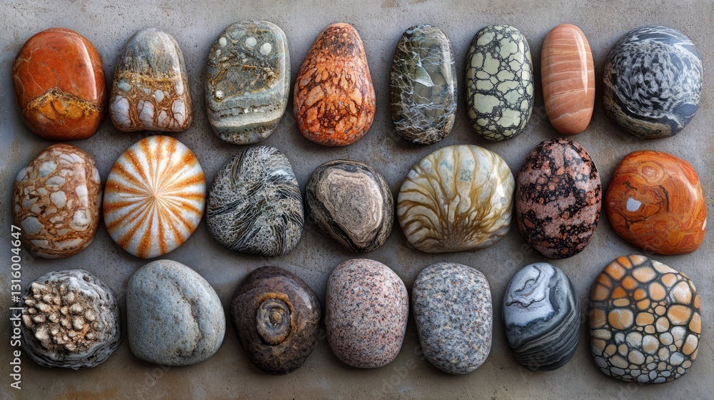 Poster a collection of beach pebbles in earthy tones, each stone showing unique patterns and textures from 
