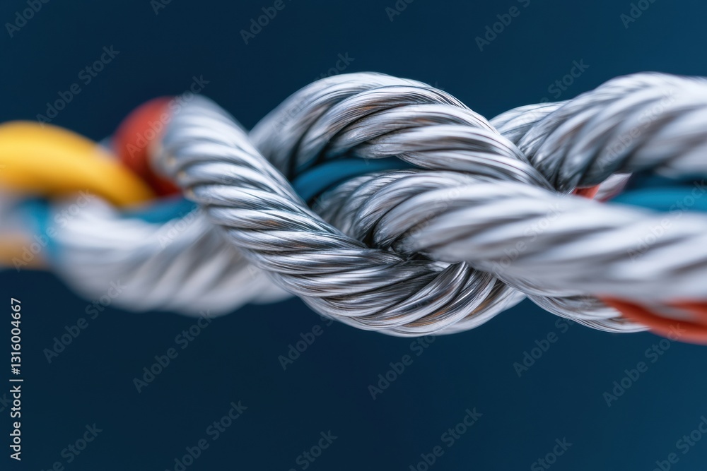 Poster cybersecurity cloud resilience industrial metallic cable knot visualizing digital protection, streng