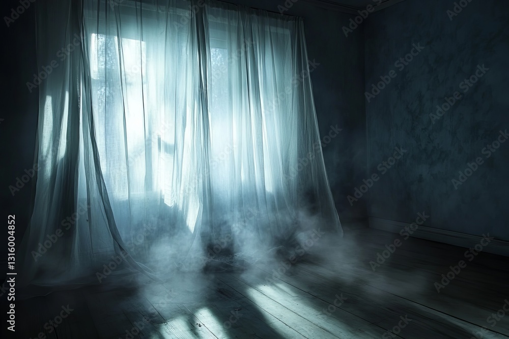 Poster a serene view of sheer curtains swaying gently with ethereal light filtering through a window. the f