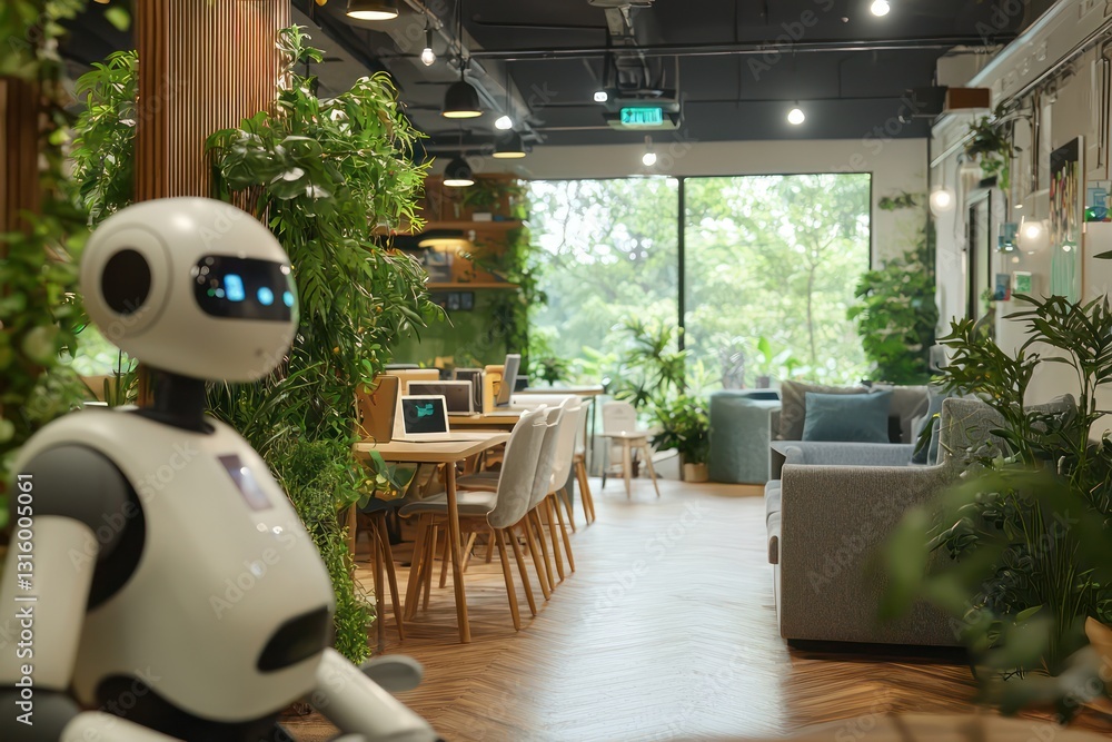 Poster coworking lounge optimizes tech setups with robotic help