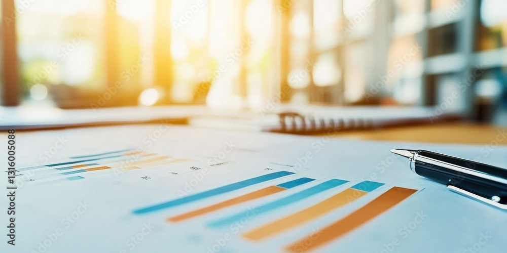 Aufkleber Data-Driven Insights Minimalist Business Analytics Workspace with Financial Performance Graphs, Soft Bokeh Lighting - Next-Gen Strategic Planning Visualization