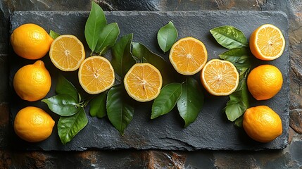Whole and halved lemons with fresh green leaves on a weathered slate surface in ambient daylight