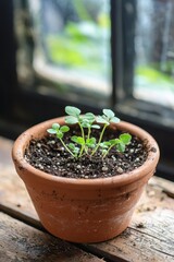 Fresh Green Plant Growing in Clay Pot Next to Window Light