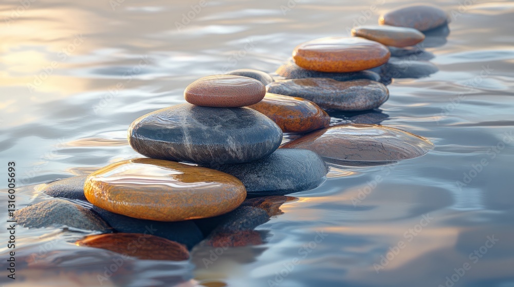 Poster a collection of wet pebbles on the shore, with reflections from the water creating an interesting pl