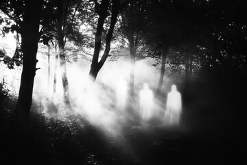 Obraz premium An enchanting black and white scene featuring ethereal figures emerging from a foggy forest, creating a haunting and serene atmosphere perfect for storytelling.