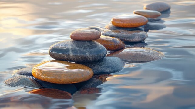 A collection of wet pebbles on the shore, with reflections from the water creating an interesting play of light and texture