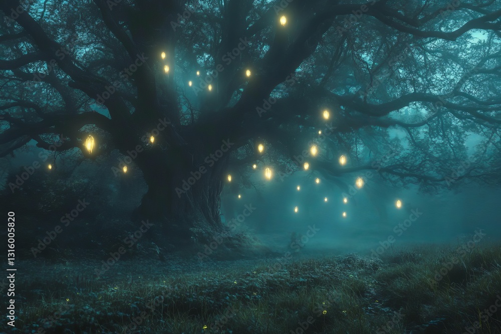 Poster an enchanting oak tree adorned with soft, glowing lights stands majestically in a misty forest, crea
