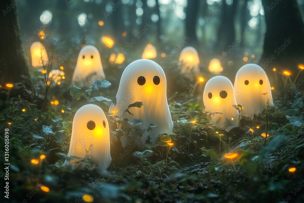 Poster a mesmerizing scene in a tranquil forest featuring glowing ghost decorations, surrounded by soft lig