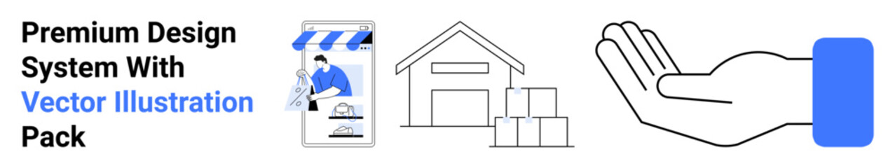 Digital storefront, illustrative delivery warehouse, open hand representing assistance. Ideal for e-commerce, dropshipping, logistics, service support, startups, online marketplaces flat landing