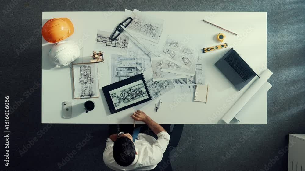 Poster top down view of engineer looking at tablet while checking building material at paper or document. a