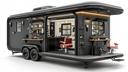 Fototapeta premium Mobile Barbershop Trailer with Stylish Interior and Professional Equipment for Grooming