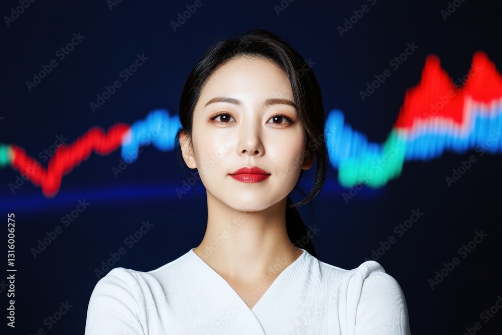 Poster ai-powered financial leadership confident professional asian female executive visualizing predictive