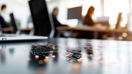 Futuristic AI Analytics Landscape Transparent Circuit Board Overlaying Dynamic Corporate Workspace - Transformative Technology Intersection for Next-Gen Business Intelligence