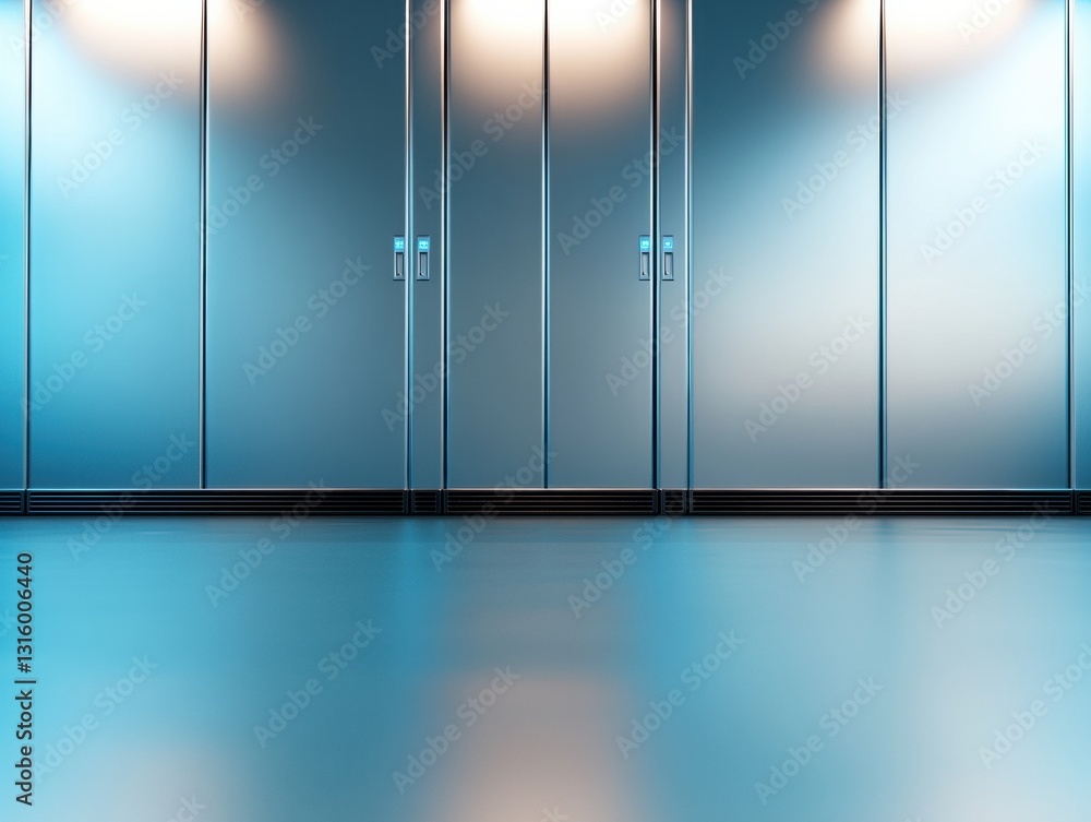 Poster cybersecurity minimalist data center futuristic chrome server room wall with blue led lighting - ent