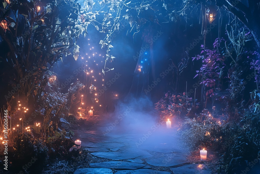 Poster this enchanting forest pathway features glowing lights and flickering candles surrounded by vibrant 