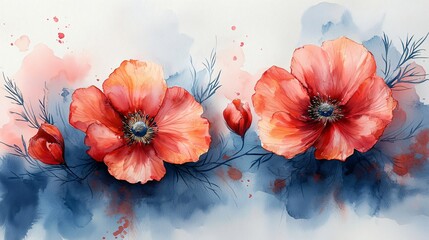 Vibrant Watercolor Floral Artwork Featuring Red Poppies with Blue Abstract Background and Splashes