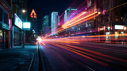 Fototapeta premium Dynamic City Street at Night Long Exposure Photo Showing Vibrant Blurred Car Lights Traffic and Illuminated Buildings
