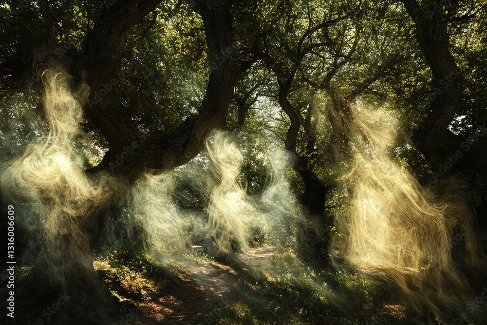 Poster captivating image of ghostly figures appearing among trees in an ethereal forest, evoking a sense of