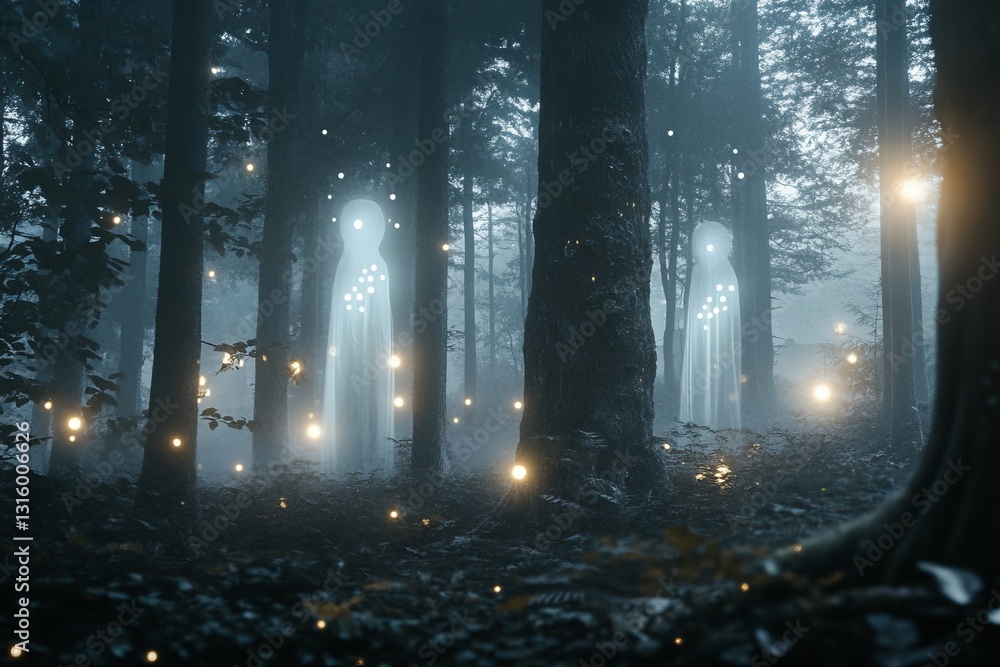 Poster this captivating image features ethereal spirits in a misty forest, surrounded by magical glowing or