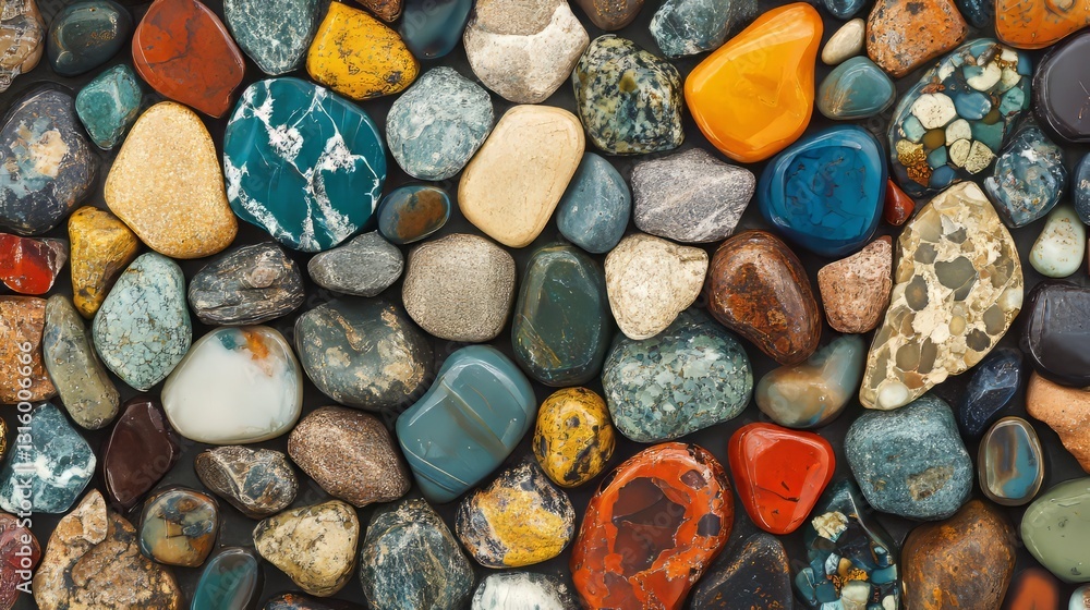 Poster a detailed view of colorful pebbles arranged neatly, showing subtle textural differences and the nat