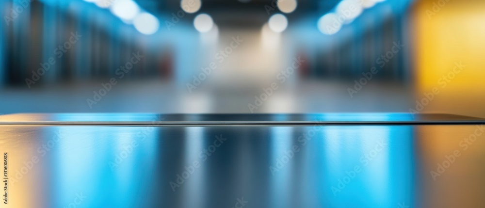 Poster Sleek Cybersecurity Mockup Minimalist Chrome Tech Surface with Ethereal Blue Datacenter Bokeh - Innovative Digital Infrastructure Visualization