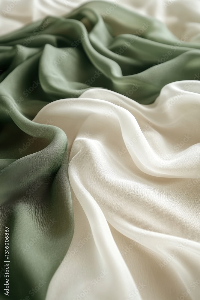 Poster elegant silk fabric in flowing waves of sage green and ivory creating a soft and luxurious texture f