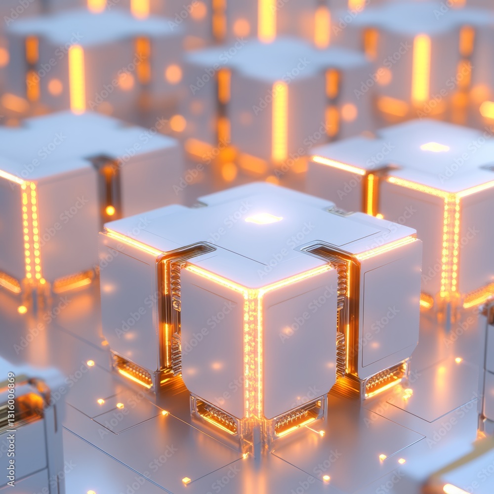 Poster this image showcases a futuristic cube design featuring glowing elements and a digital aesthetic, id