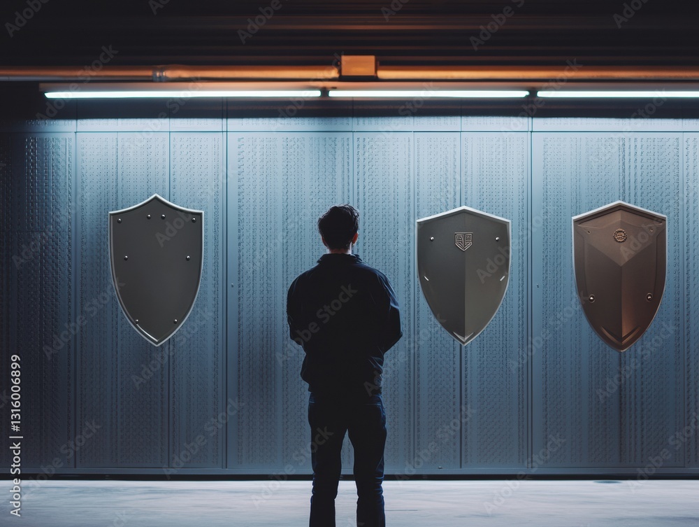 Poster cybersecurity visualization next-gen digital defense expert analyzing multilayered protection strate