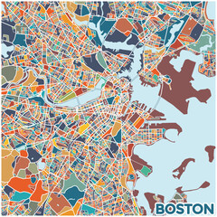 Artistic Boston city map illustration with vibrant block colors. Boston, Maasachusetts, USA Map.