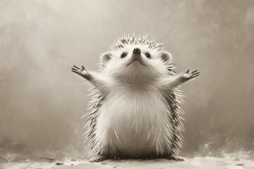 Fluffy hedgehog stretching its body with tiny ears perking up.