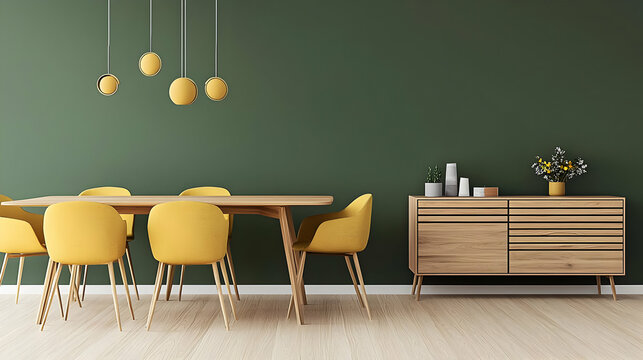 Fototapeta Modern Dining Room Interior With Yellow Chairs And Green Wall Featuring Natural Wood Table And Floor With Minimalist Design
