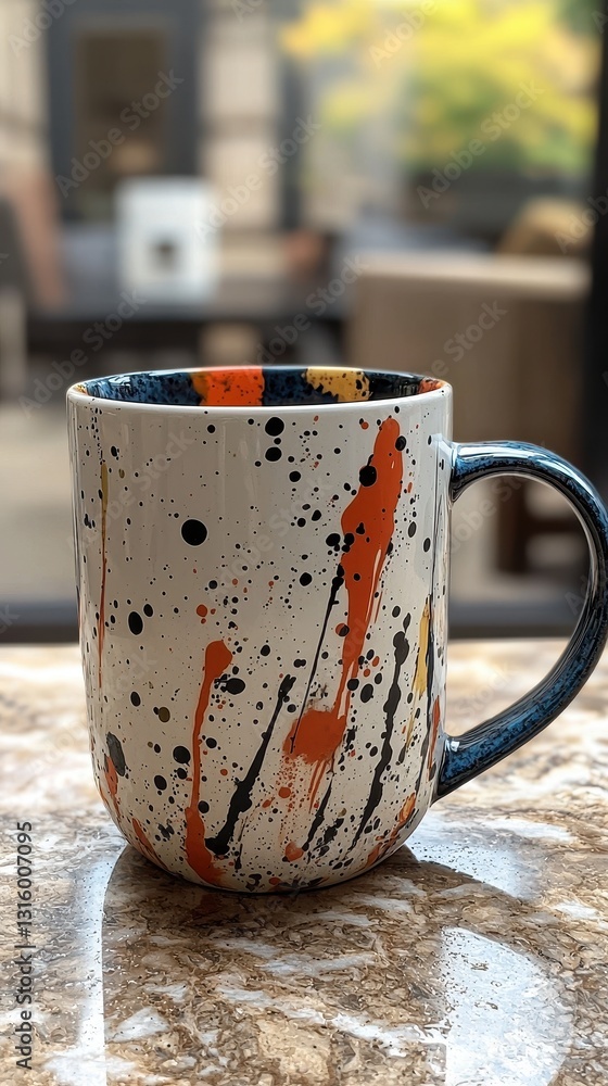 Poster a stylish coffee cup features an artistic splattered design in vibrant colors, showcasing a unique b