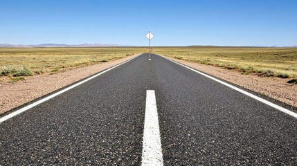 Fototapeta premium Expansive Desert Road Stretching Under Clear Blue Sky with Directional Sign on Horizon in Remote Landscape