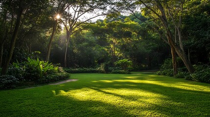 Fototapeta premium Sunlit green lawn in lush tropical forest.