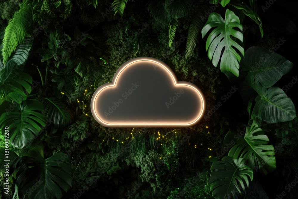 Aufkleber eco-digital fusion illuminated cloud security nestled in lush biophilic greenery - sustainable tech 