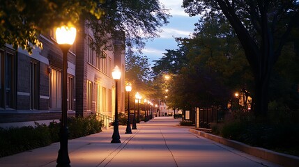 Dusk cityscape Illuminated pathway lined with lamps, trees, and buildings.