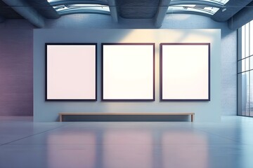 Minimalistic Gallery Interior with Three Empty Banners for Advertising