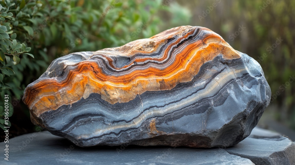 Poster a large pebble with visible layers of different minerals, showing the natural texture and color vari