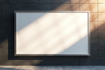 Fototapeta premium Large white billboard mockup on black tiled wall with warm sunlight and subtle shadows in modern commercial 3D rendering 