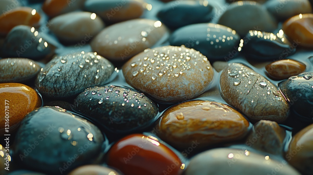Poster a macro shot of wet pebbles with visible water droplets on the surface, highlighting the smooth, glo