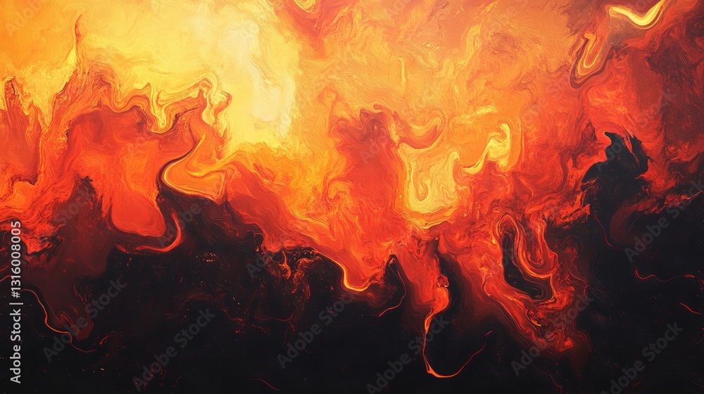 Poster a stunning abstract representation of fire, showcasing a blend of fiery orange and deep black hues. 