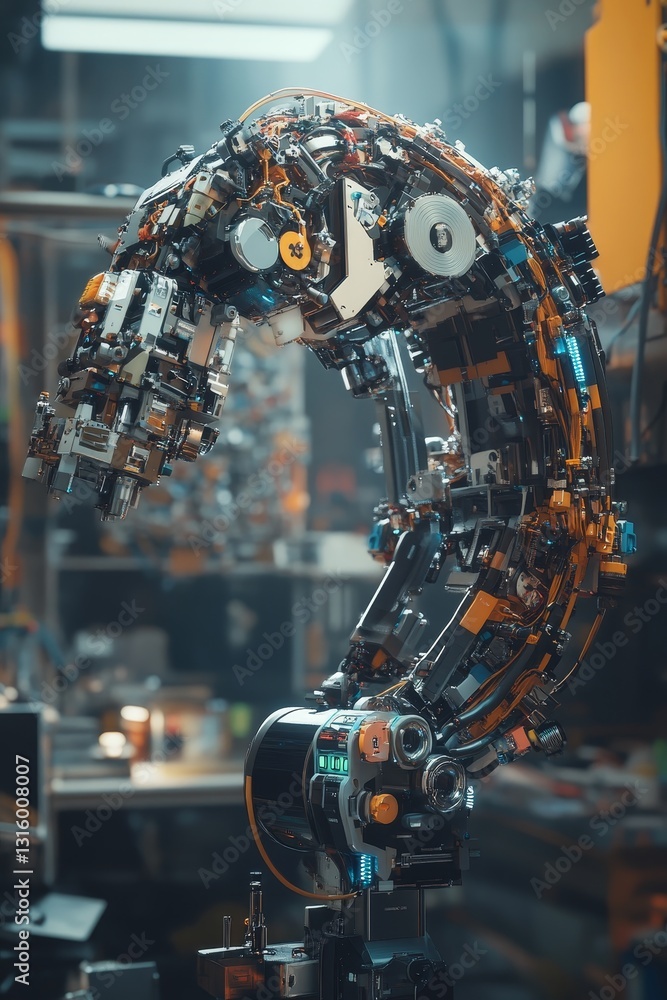 Poster a close-up view of an advanced robot arm showcasing intricate mechanical design in a busy workshop. 