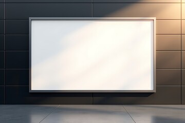 Fototapeta premium Professionally lit white billboard mockup on black tiled wall with warm sunlight and realistic shadows in high-quality commercial 3D rendering 