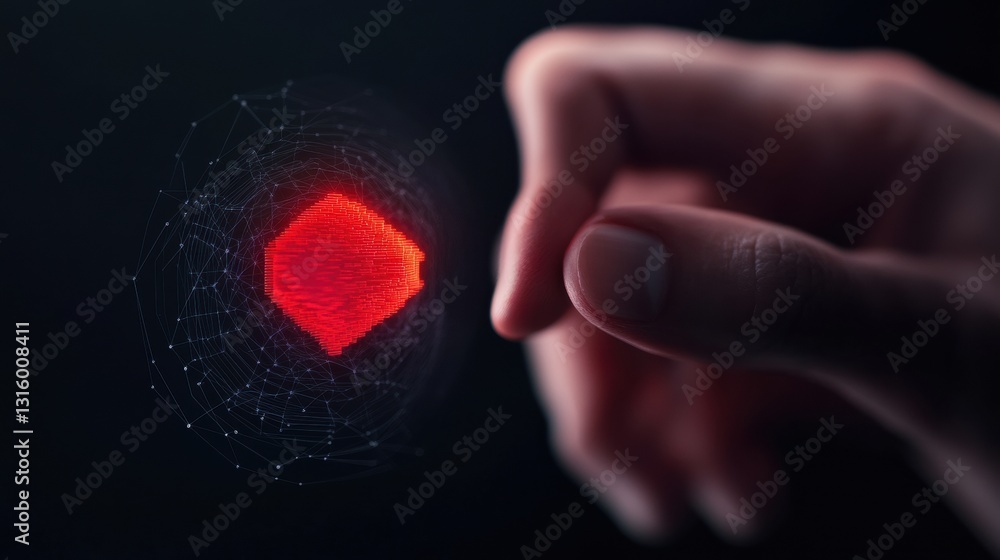 Poster Immersive Digital Interaction Futuristic AI Touch Interface Revealing Glowing Quantum Data Kernel in High-Contrast Technological Visualization