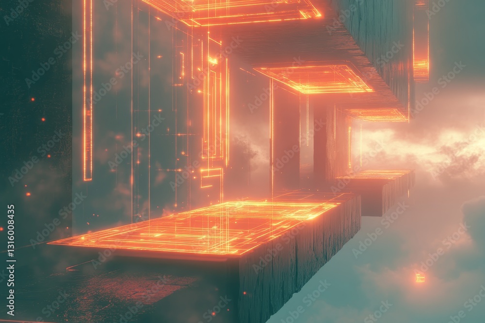 Poster explore a captivating futuristic scene featuring glowing neon structures and illuminated lines again