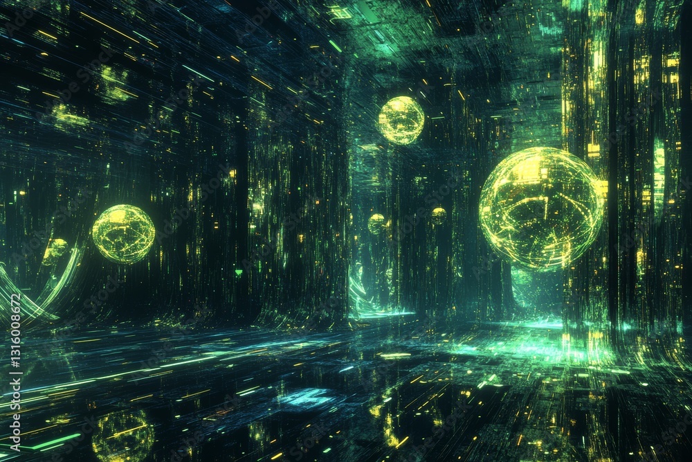 Poster explore a vibrant futuristic environment filled with floating spheres and glowing lights, creating a