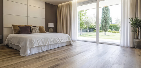 Modern bedroom with large windows and hardwood flooring in a serene garden setting