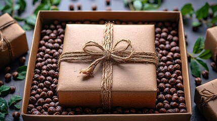 High-Resolution Subscription Box with Natural Elements and Coffee Beans on Dark Background